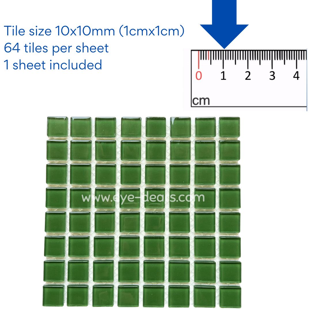 Mosaic Tiles - 10 x sheets of Forest Green Glass 10x10mm