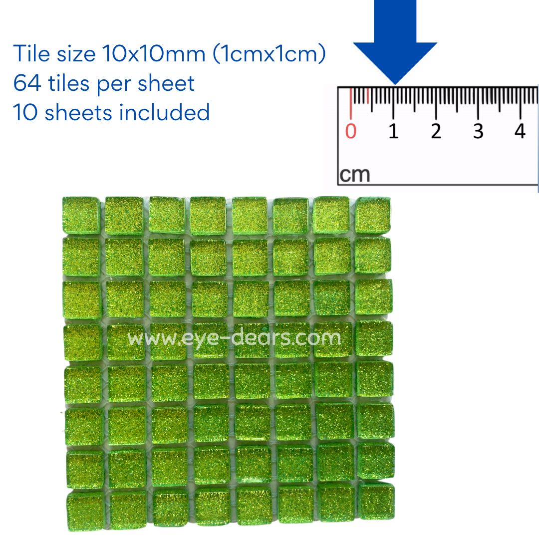 Mosaic Tiles - 10 x sheets of Lime Green Glitter (10x10mm)