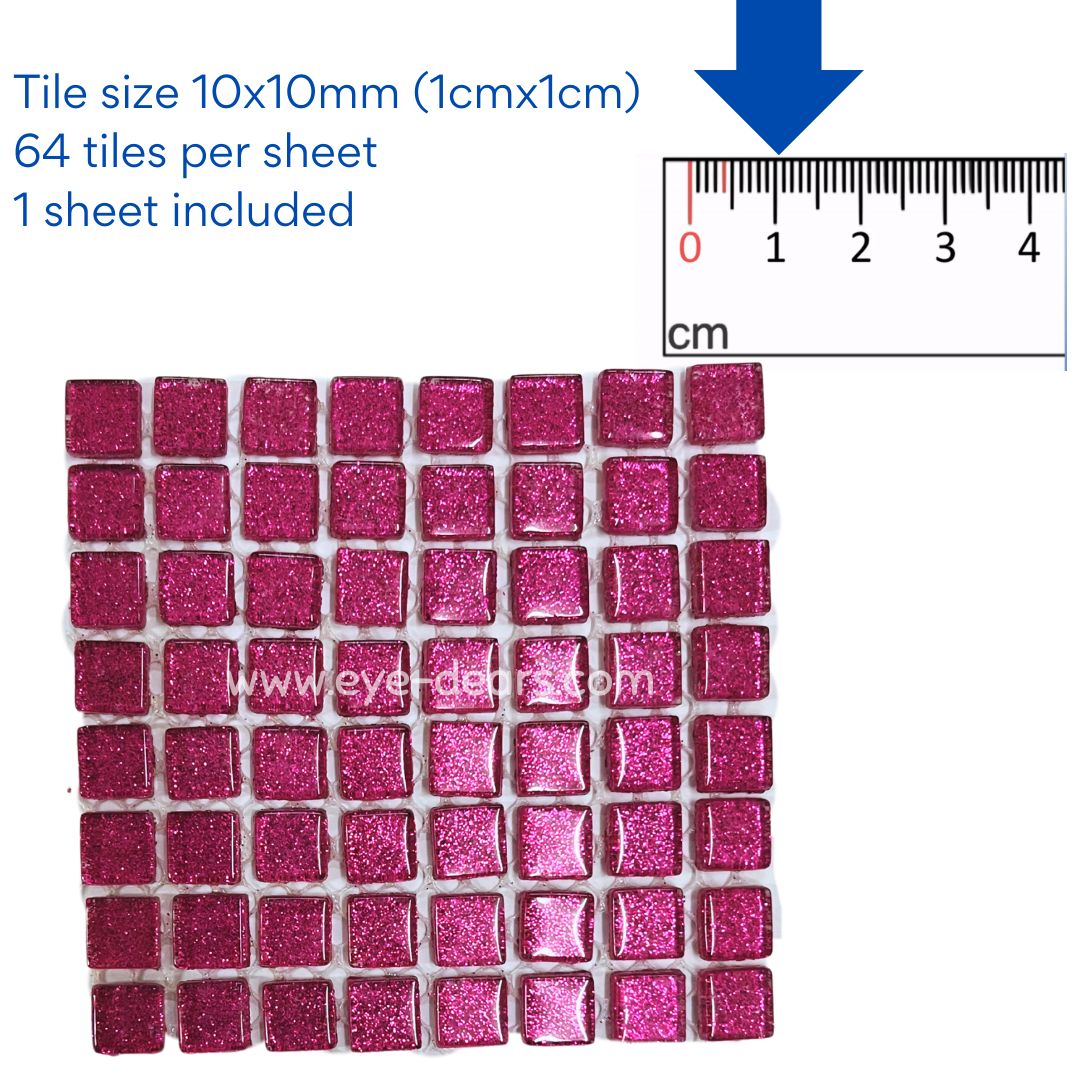 Mosaic Tiles- Single Craft Size Sheet Fuchsia Pink Glitter (10x10mm)