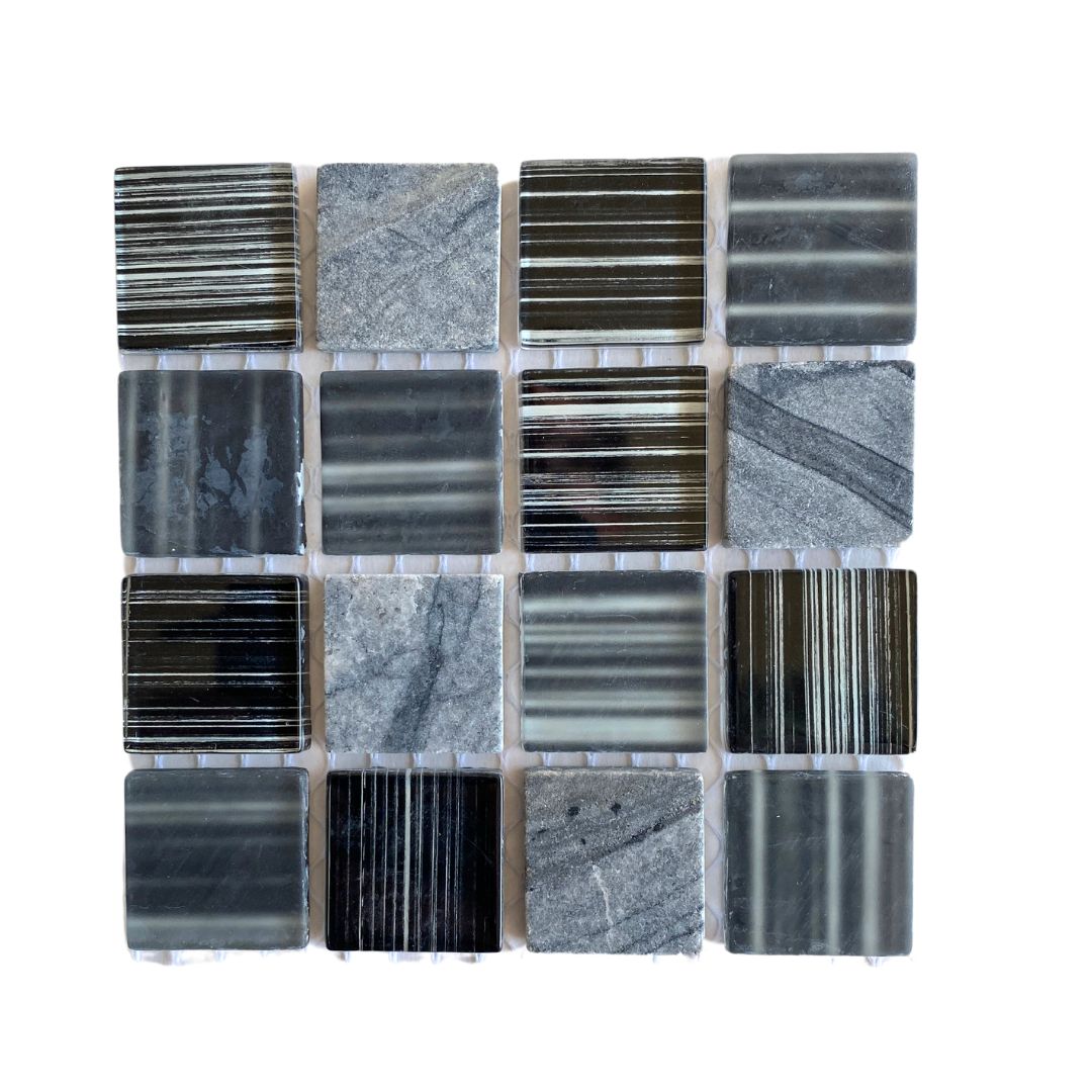 Mosaic Tiles - Single Sheet Zebra Black Glass & Stone 23x23mm