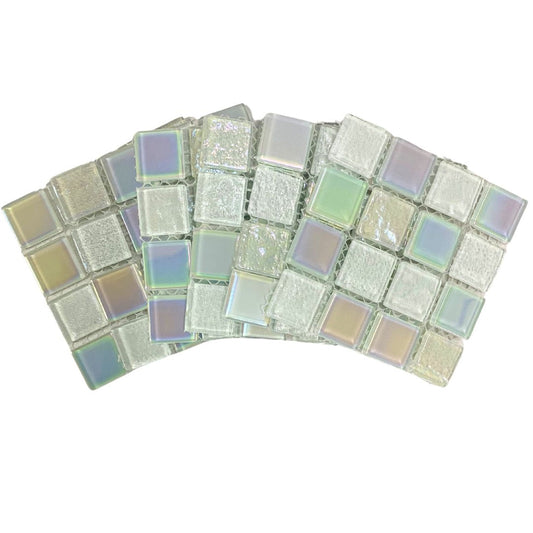 Mosaic Tiles - 10 x sheets of White Shimmer Mix Glass 25x25mm (small tiles for crafting)