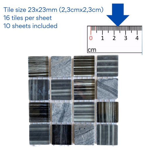Mosaic Tiles -  Single Sheet Zebra Black Glass & Stone 23x23mm