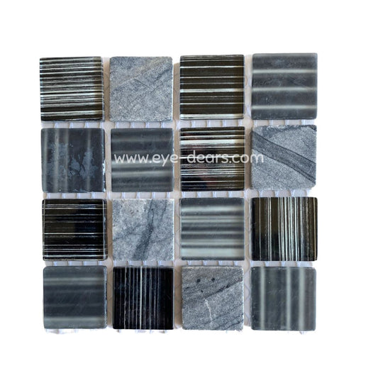 Mosaic Tiles -  Single Sheet Zebra Black Glass & Stone 23x23mm
