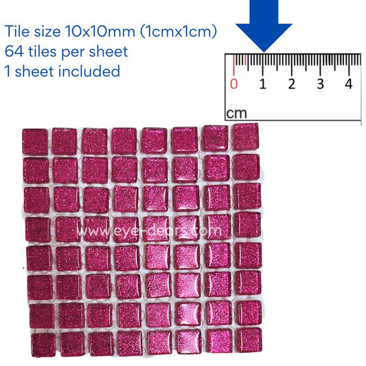 Mosaic Tiles- Single Craft Size Sheet Fuchsia Pink Glitter (10x10mm)