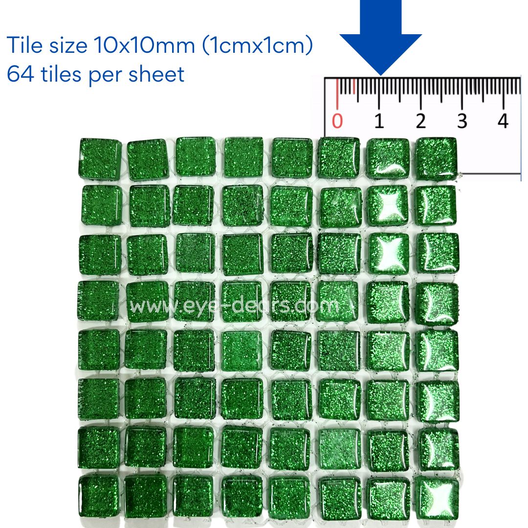 Mosaic Tiles - 10 x Craft Size Sheets of Emerald Green Glitter (10x10mm)